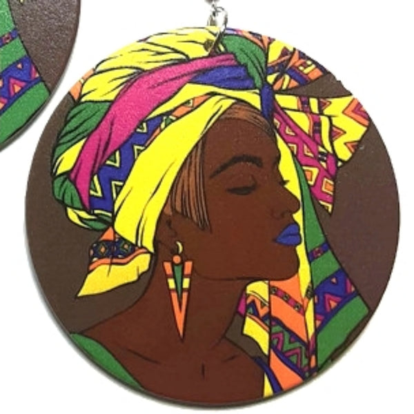 SHE DID THAT Yellow Headwrap Statement Dangle Wood Earrings