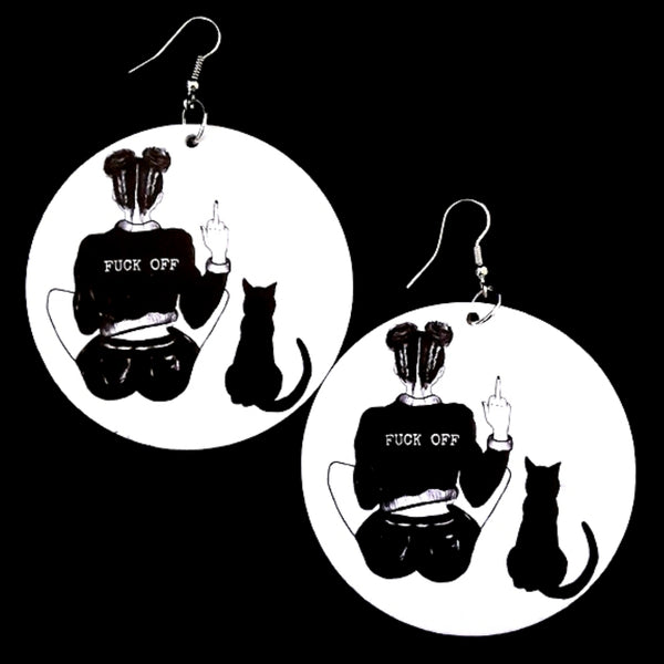 FLIP OFF A Girl and Black Cat Statement Dangle Wood Earrings