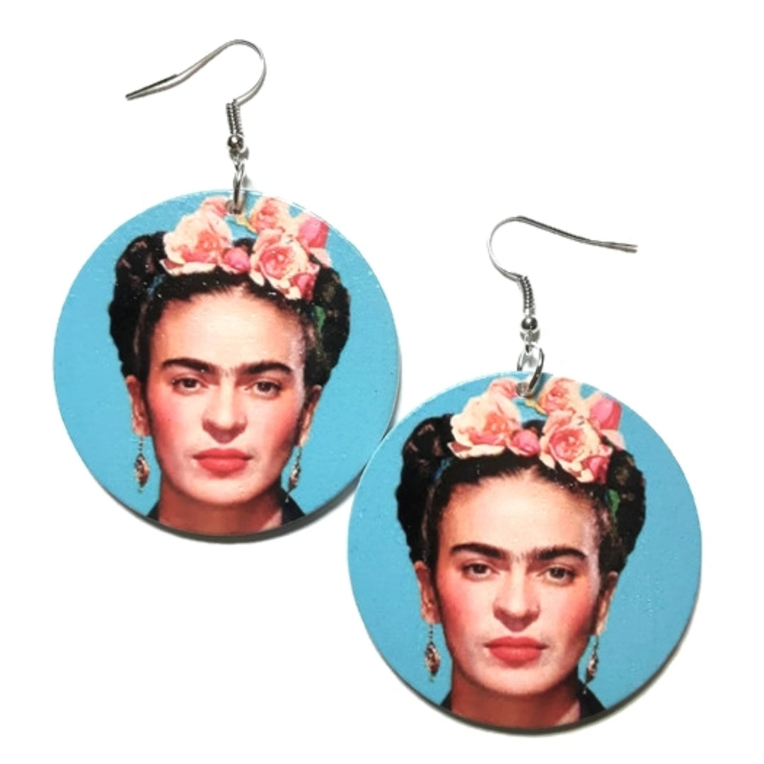 Frida Kahlo Joyful Turquoise Small Statement Dangle Wood Earrings