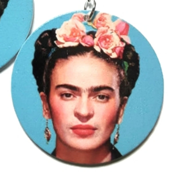 Frida Kahlo Joyful Turquoise Small Statement Dangle Wood Earrings