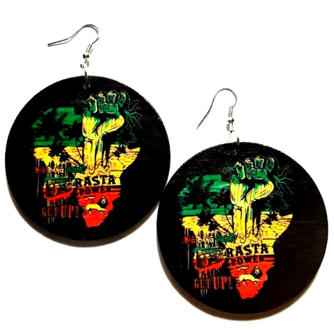 Rasta Power Fist Statement Dangle Wood Earrings