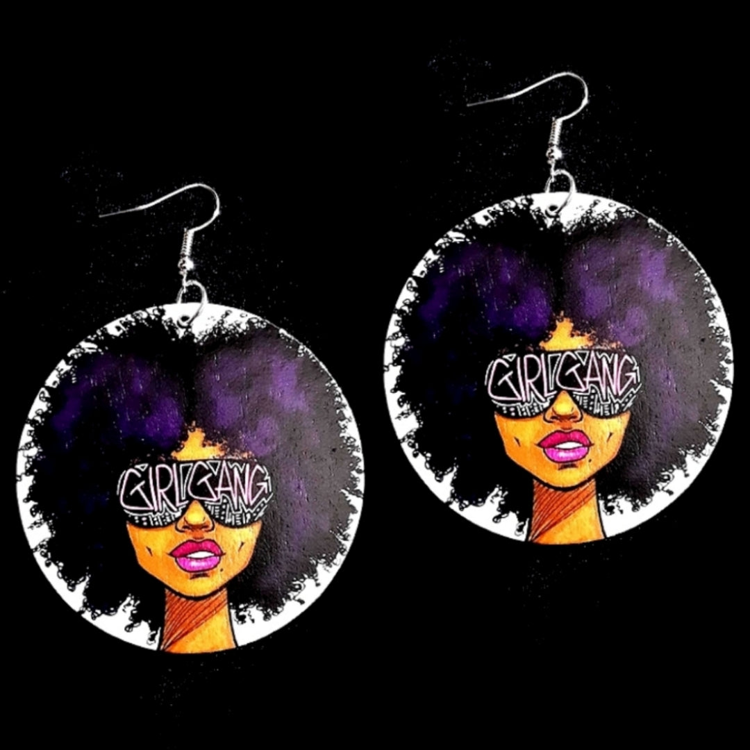 Girl Gang Purple Natural Hair Statement Dangle Wood Earrings