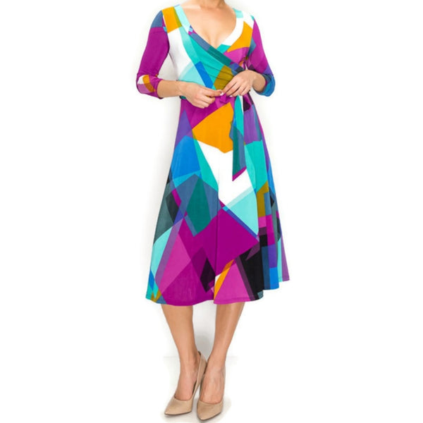 Purple Patches Faux Wrap Knee Length Dress