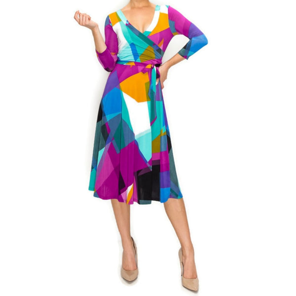 Purple Patches Faux Wrap Knee Length Dress