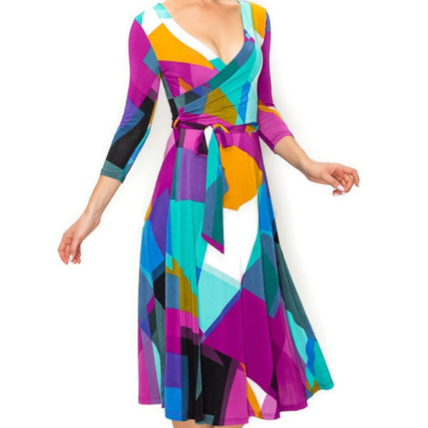 Purple Patches Faux Wrap Knee Length Dress