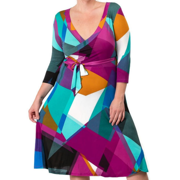 Purple Patches Faux Wrap Knee Length Dress