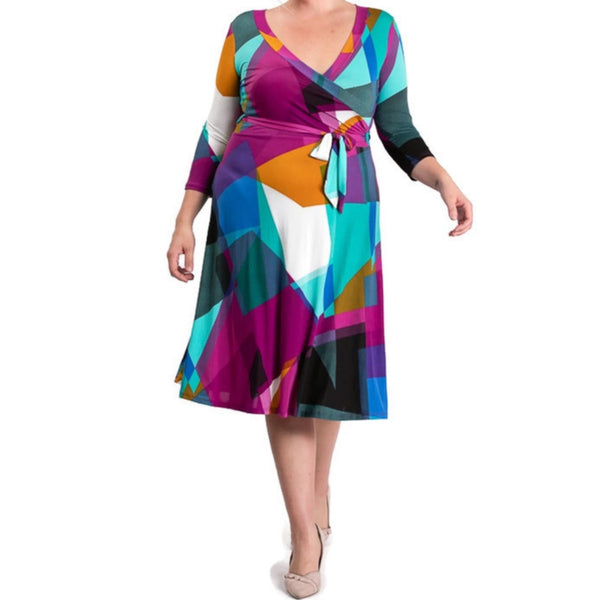 Purple Patches Faux Wrap Knee Length Dress