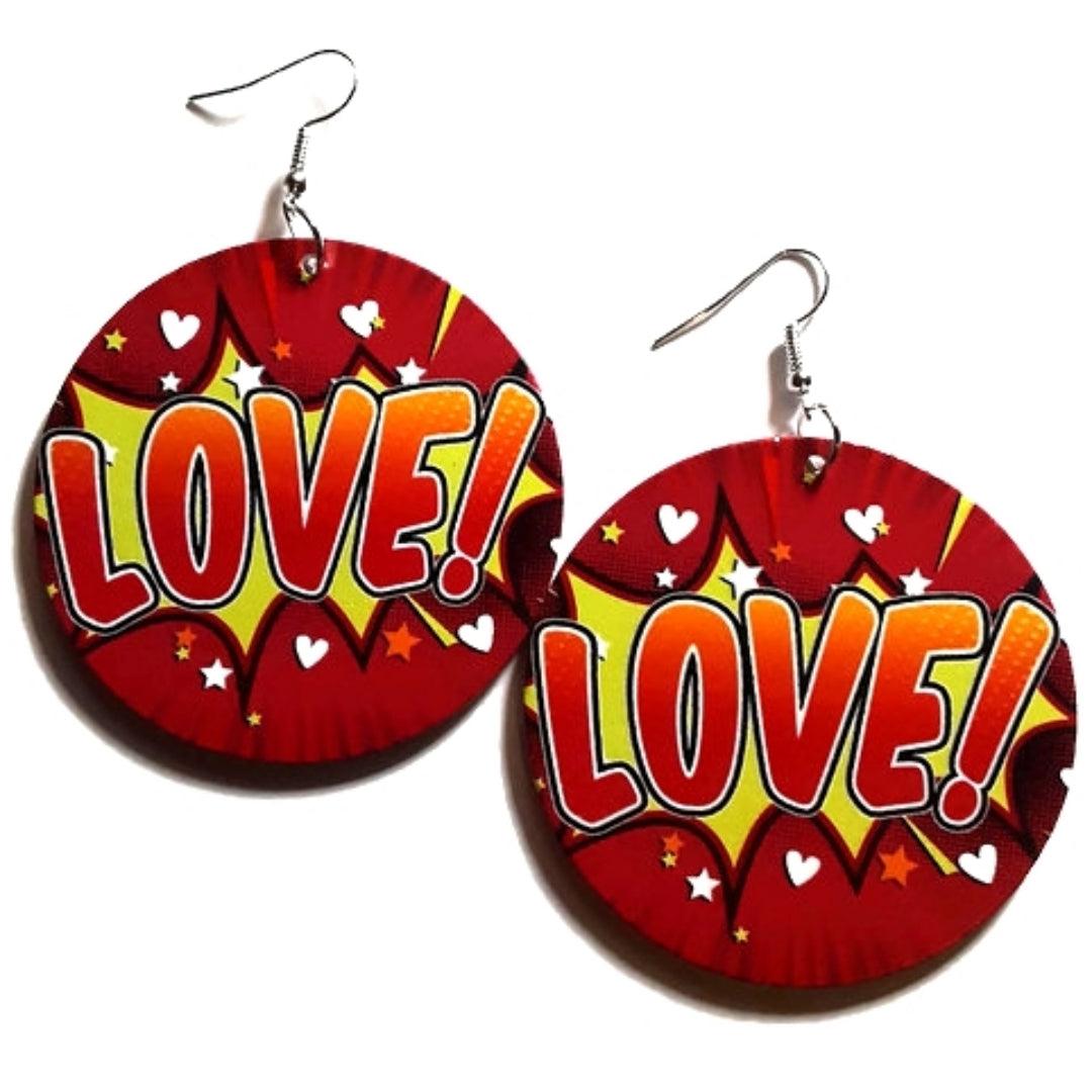 LOVE Comic Blast Red Yellow Statement Dangle Wood Earrings