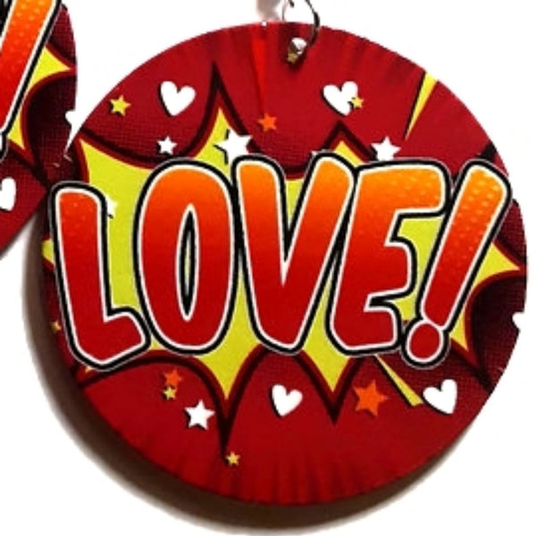 LOVE Comic Blast Red Yellow Statement Dangle Wood Earrings