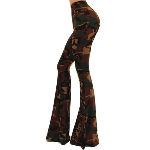 GS Green Camouflage High Waist Palazzo Bell Bottom Pants