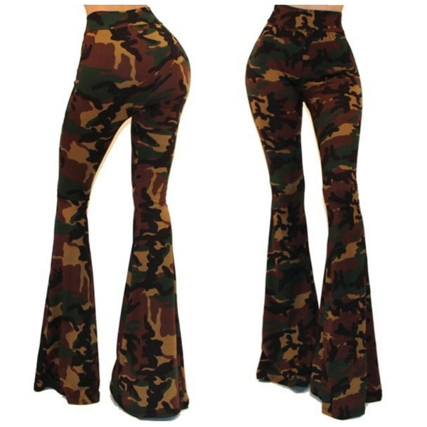 GS Green Camouflage High Waist Palazzo Bell Bottom Pants