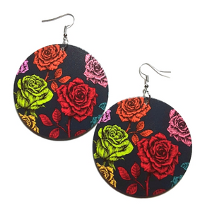 Vintage Neon Roses Statement Dangle Wood Earrings