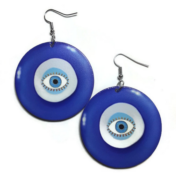 Evil Eye Blue Small Statement Dangle Wood Earrings