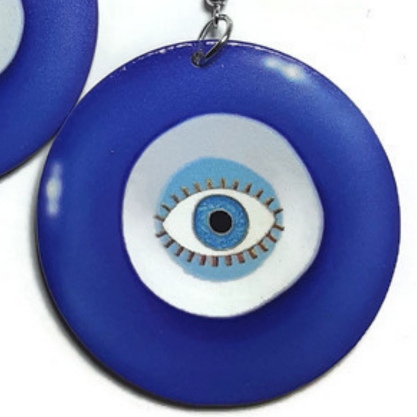 Evil Eye Blue Small Statement Dangle Wood Earrings