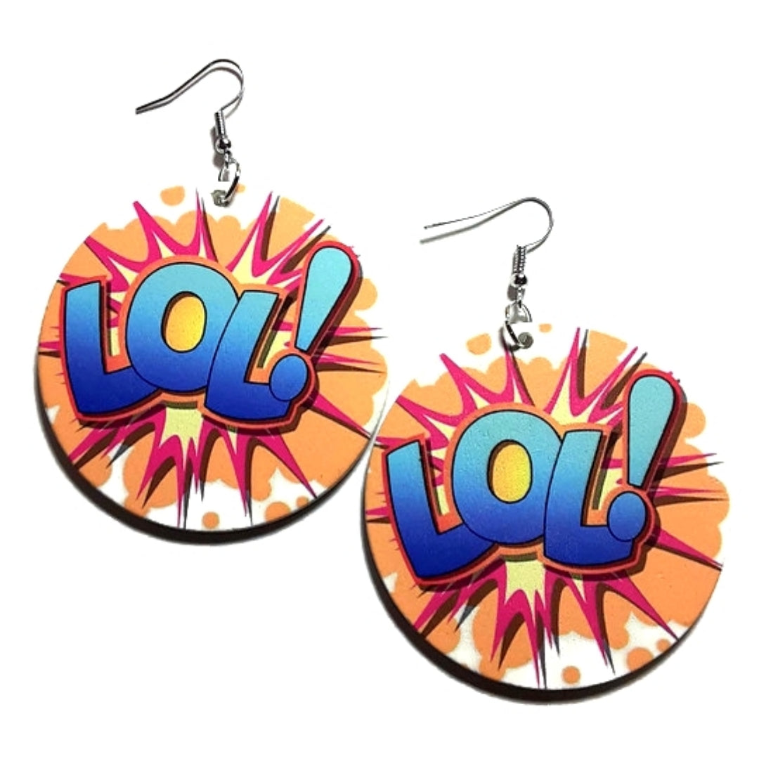 LOL Comic Blast Statement Dangle Wood Earrings