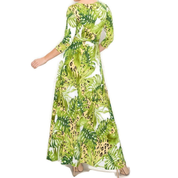 Leopard Lime Banana Leaves Faux Wrap Maxi Dress