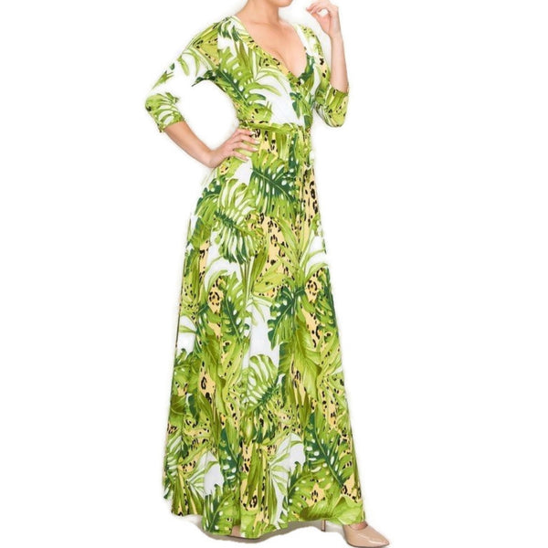 Leopard Lime Banana Leaves Faux Wrap Maxi Dress