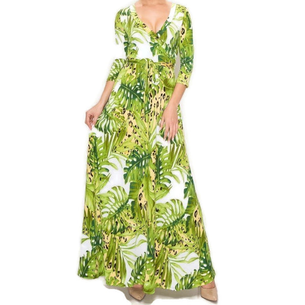 Leopard Lime Banana Leaves Faux Wrap Maxi Dress