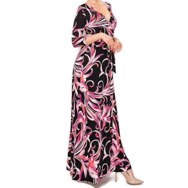 Pink Lilies Swirl Faux Wrap Maxi Dress