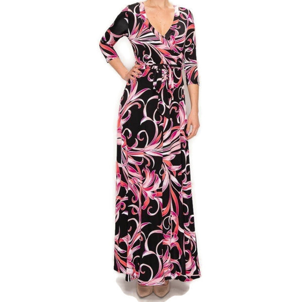 Pink Lilies Swirl Faux Wrap Maxi Dress