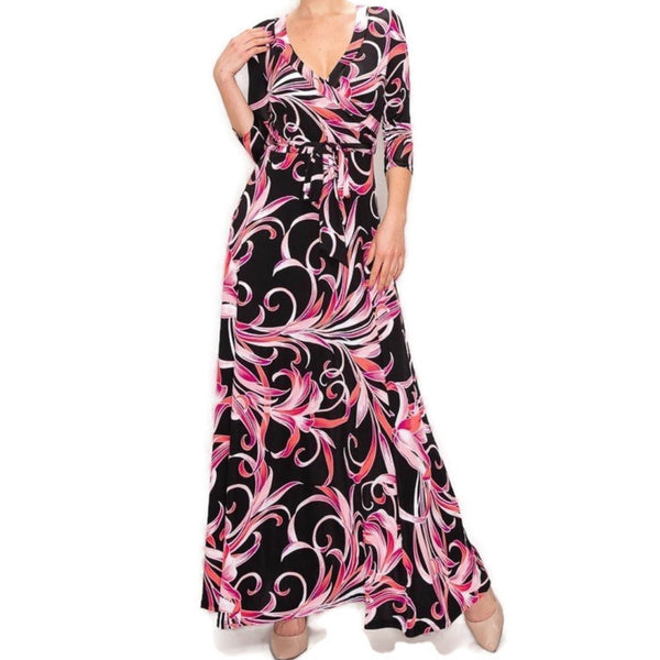 Pink Lilies Swirl Faux Wrap Maxi Dress