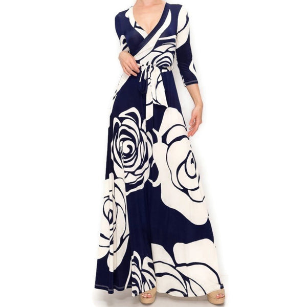 Navy Cream Flower Bloom Faux Wrap Maxi Dress