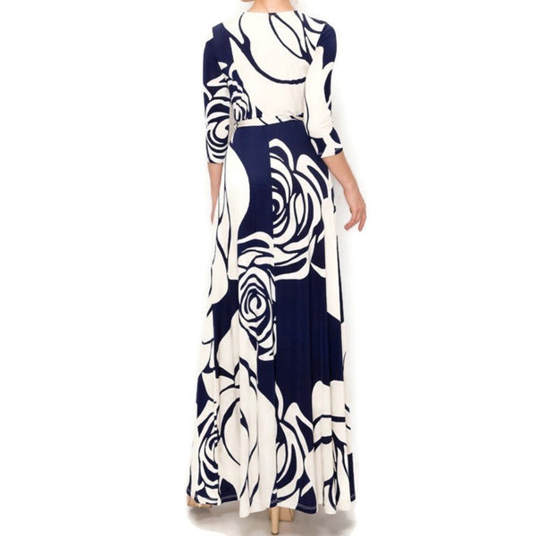 Navy Cream Flower Bloom Faux Wrap Maxi Dress