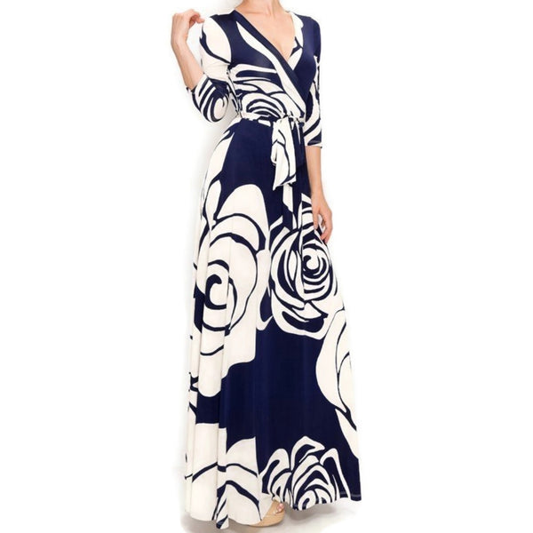 Navy Cream Flower Bloom Faux Wrap Maxi Dress