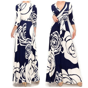 Navy Cream Flower Bloom Faux Wrap Maxi Dress