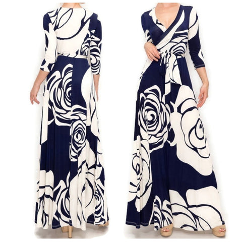 Navy Cream Flower Bloom Faux Wrap Maxi Dress