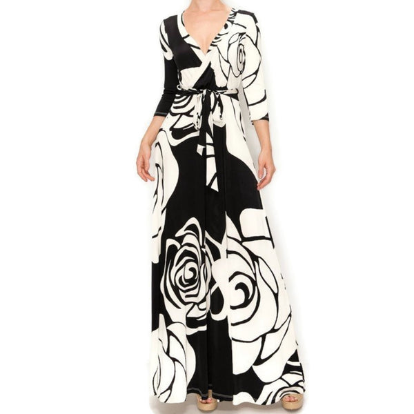 Black Cream Flower Bloom Faux Wrap Maxi Dress