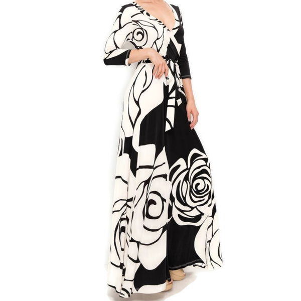 Black Cream Flower Bloom Faux Wrap Maxi Dress