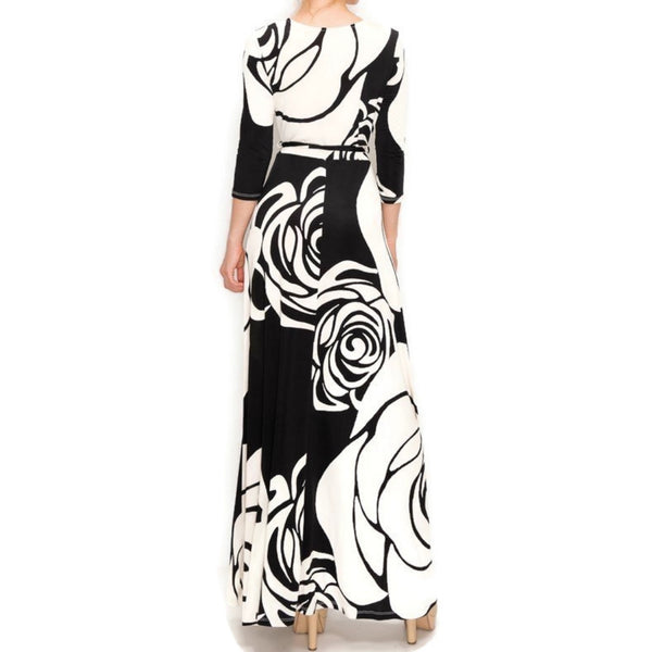 Black Cream Flower Bloom Faux Wrap Maxi Dress