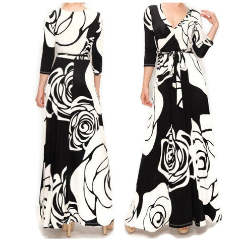 Black Cream Flower Bloom Faux Wrap Maxi Dress