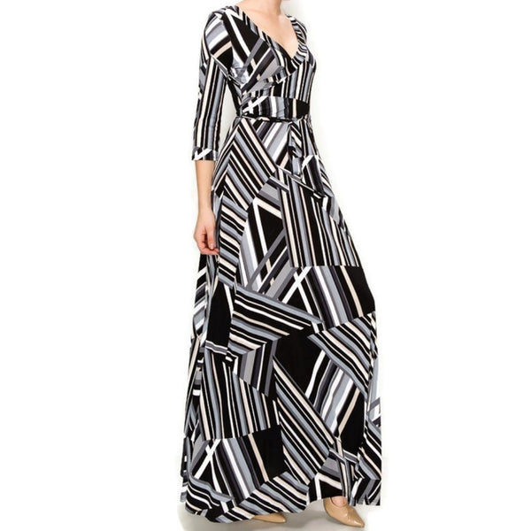 Black Gray Maze Faux Wrap Maxi Dress