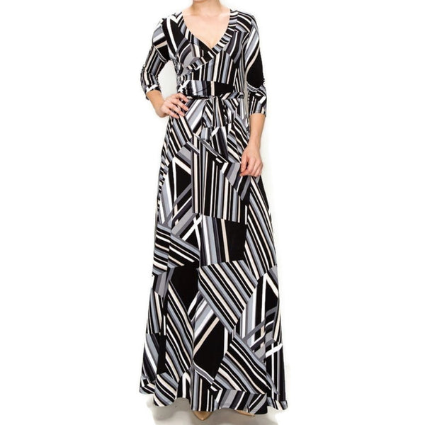 Black Gray Maze Faux Wrap Maxi Dress