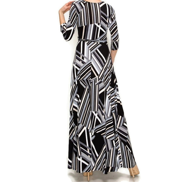 Black Gray Maze Faux Wrap Maxi Dress