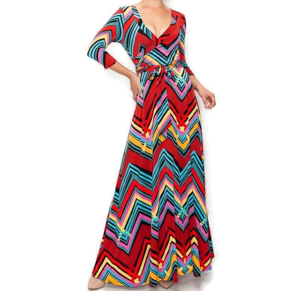 Red Teal Chevron Faux Wrap Maxi Dress