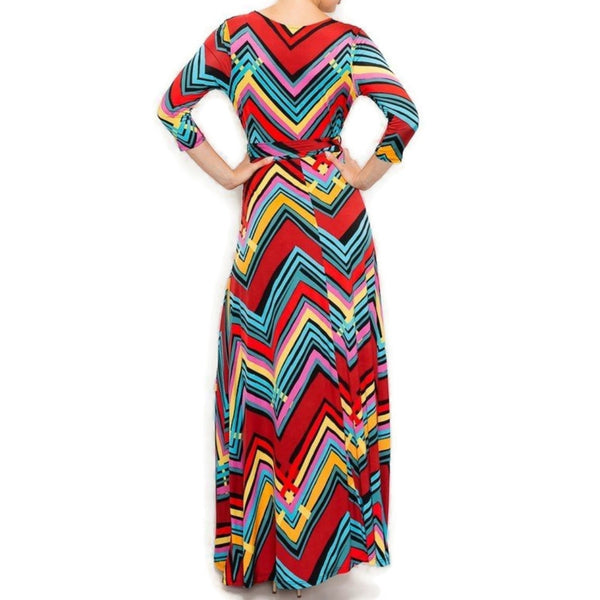 Red Teal Chevron Faux Wrap Maxi Dress