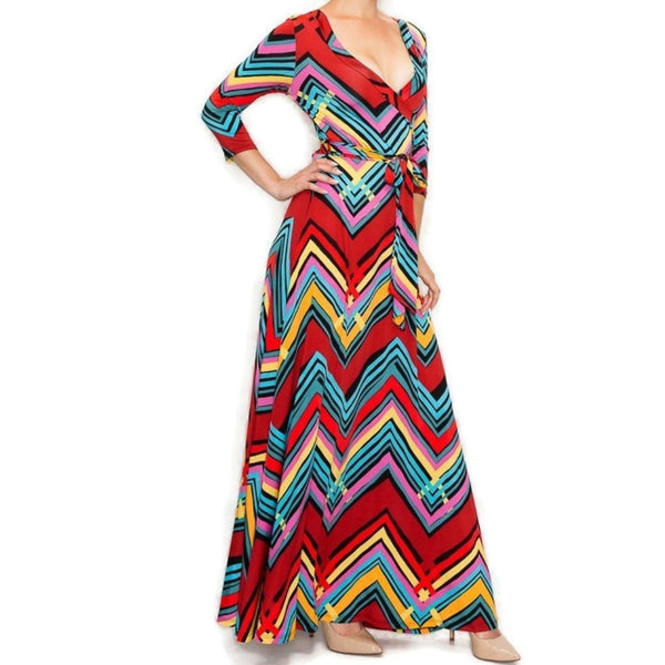 Red Teal Chevron Faux Wrap Maxi Dress