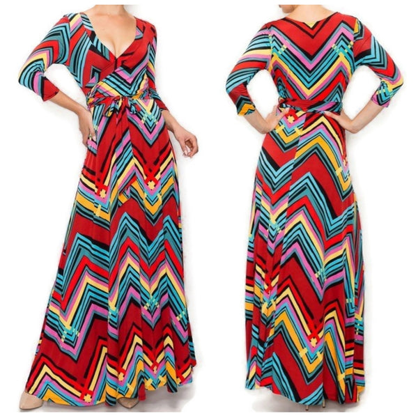 Red Teal Chevron Faux Wrap Maxi Dress