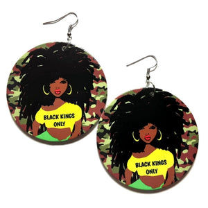 Black Kings Only Rasta Girl Camo Statement Dangle Wood Earrings