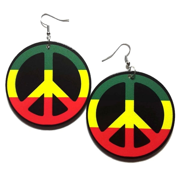 PEACE Rasta GYR Statement Dangle Wood Earrings