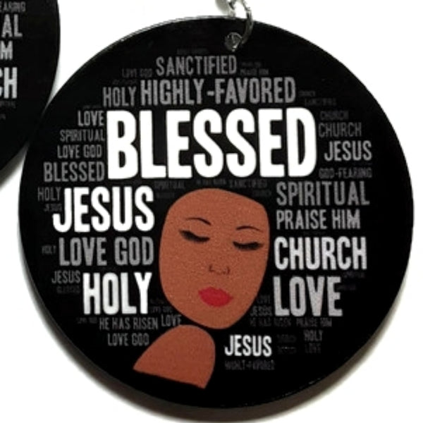 Blessed Holy Love Statement Dangle Wood Earrings