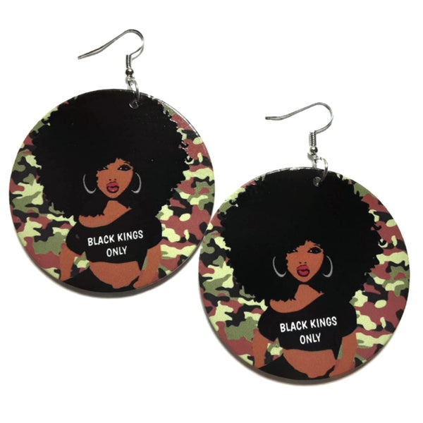 Black Kings Only Camouflage Statement Dangle Wood Earrings