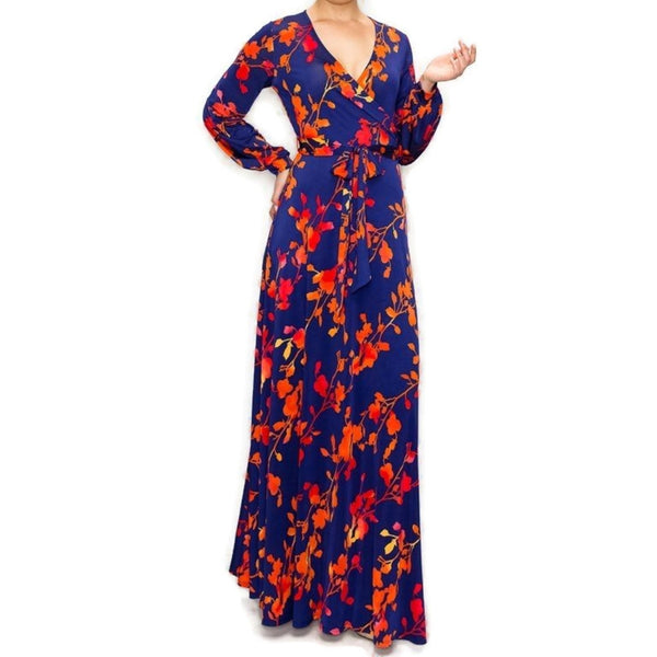Navy Orange Red Watercolor Floral Bell Long Sleeve Maxi Dress