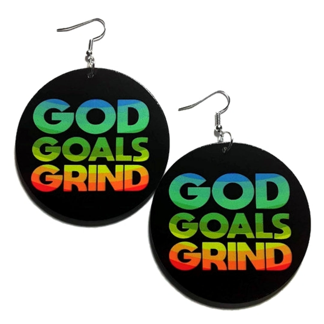 Three Gees GOD GOALS GRIND Statement Dangle Wood Earrings