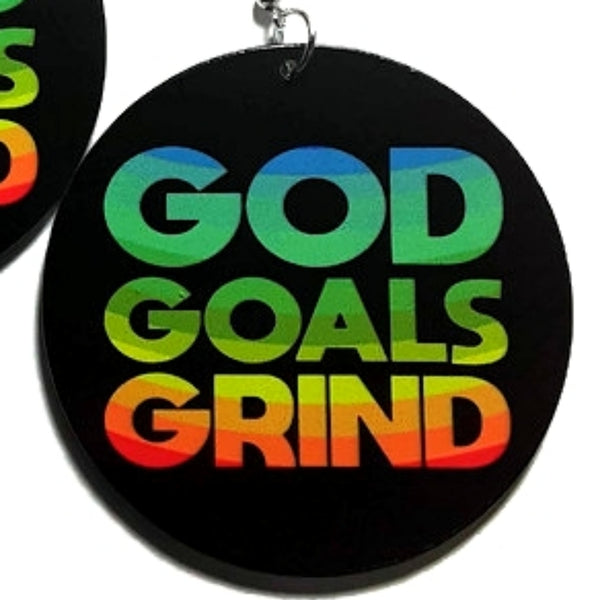 Three Gees GOD GOALS GRIND Statement Dangle Wood Earrings