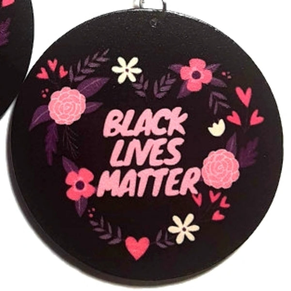 BLACK LIVES MATTER with Pink Heart Florals Statement Dangle Wood Earrings