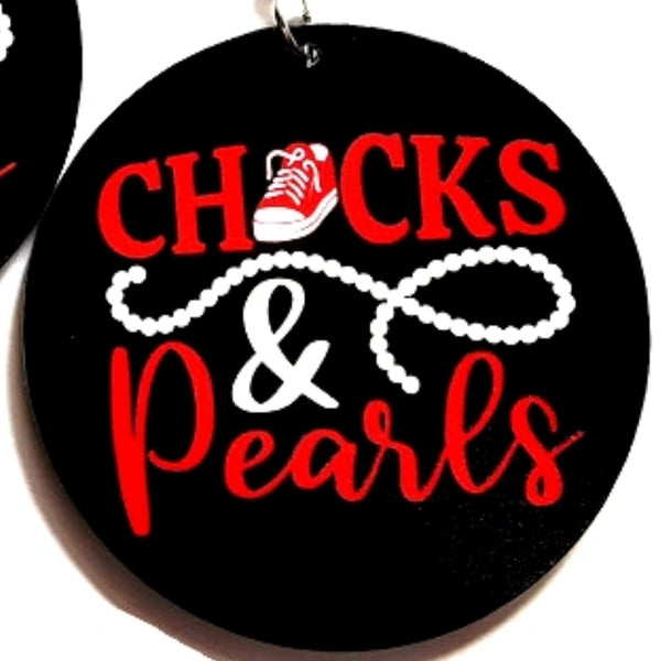 Red CHUCKS and PEARLS Statement Dangle Wood Earrings